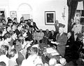 At the White House, President Truman announces Japan's surrender. Washington, DC, August 14, 1945