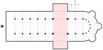 Tvärskepp (nordlig korsarm, korsmitt, sydlig korsarm).