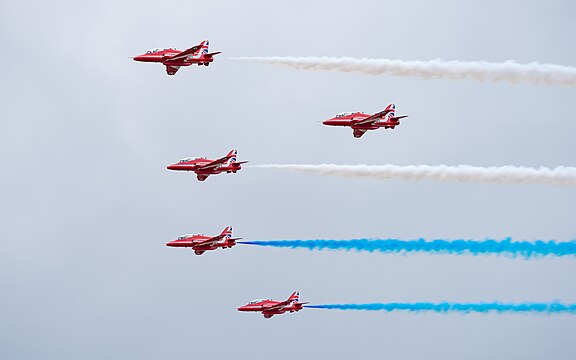 Red Arrows in formation flight at the Royal International Air Tattoo 2023.