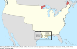 Map of the change to the international disputes involving the United States in central North America on February 22, 1821