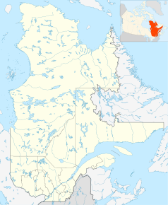 Mapa konturowa Quebecu, blisko dolnej krawiędzi nieco na lewo znajduje się punkt z opisem „Uniwersytet Concordia”