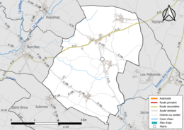 Carte en couleur présentant le réseau hydrographique de la commune