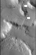 CTX context image showing location of next HiRISE image (letter A box). Location is Ismenius Lacus quadrangle.