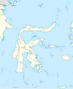 Mapa konturowa Celebesu, na dole znajduje się punkt z opisem „Bau-Bau”