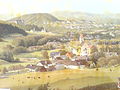 Pressbaum um 1880, Lithographie nach Gemälde von G. Varrone (Privatbesitz). Zu sehen sind im Hintergrund auch die Berge rund um Pressbaum.