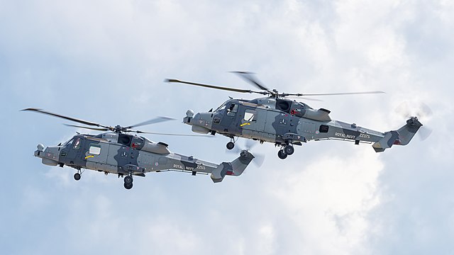 United Kingdom Royal Navy Black Cats display team AgustaWestland AW159 Wildcat HMA2 (reg. ZZ375, cn 494 and reg. ZZ515, cn 520) at ILA Berlin Air Show 2016.