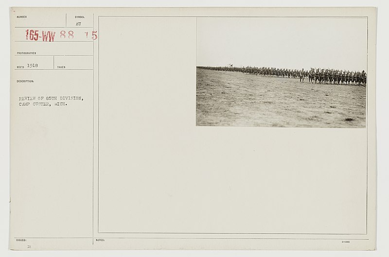 File:Ceremonies - Camp Bowie thru Camp Forest - Review of 85th Division, Camp Custer, Michigan - NARA - 26422239.jpg