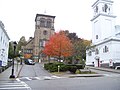 First Parish is at the rear, while the white church to the right is the Church of the Pilgrimage