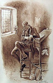 A drawing of a man sitting on a stool at a writing desk