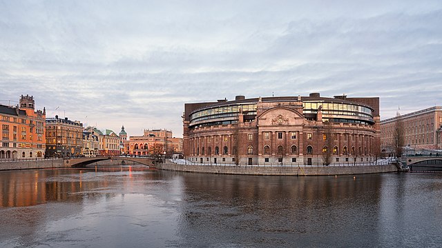 Riksdagshuset (Parliament House) in Stockholm, with the Kungliga Operan (Royal Swedish Opera) in the background.