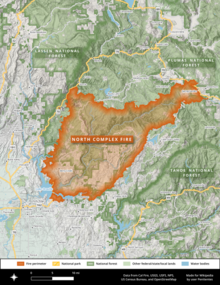 The North Complex Fire burned southwest, from Highway 70 near Quincy to Lake Oroville