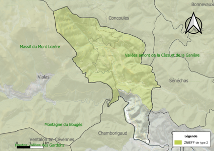 Carte des ZNIEFF de type 2 sur la commune.