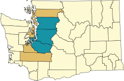 Map of Washington state with the Seattle metropolitan area and combined statistical area highlighted