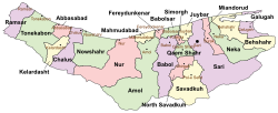 Location of Nowshahr County in Mazandaran province (center left, green)