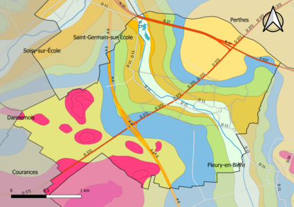 Carte montrant en couleurs le zonage géologique simplifié d'une commune