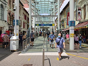 Photograph of station entrance at ground level on Pagoda Street. The entrance, surrounded by shophouses, is enclosed with a transparent roof, with two white pillars supporting the roof. A sign over the entrance indicates the station's name and alphanumeric code (NE4/DT19).