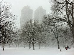 Children playing in Lincoln Park during a 2011 snowstorm