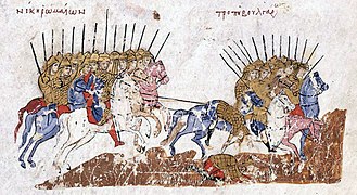 Carga de los kataphraktoi bizantinos sobre la caballería búlgara, en una ilustración del Manuscrito Madrid de la Crónica de Juan Skylitzes, realizado en Sicilia en el siglo XII.