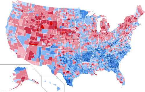 Results by county, shaded according to winning candidate's percentage of the vote