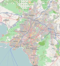 Mapa konturowa Aten, w centrum znajduje się punkt z opisem „Uniwersytet Narodowy im. Kapodistriasa w Atenach”