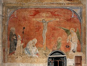 On the left, Anthony the Great, crucifixion with the Virgin and Saint John, on the right, the Archangel Michael. Abbey church of Saint-Antoine l'Abbaye, France