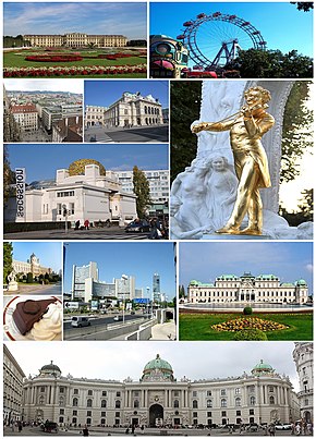 Kiwa-Tengen, ndhuwur-ngisor: Rathaus, Schloss Schönbrunn, Riesenrad, Staatsoper, Stephansdom, Kunsthistorisches Museum, Stephansplatz, Sachertorte, Johann-Strauß-Denkmal, Sezession, Donau City, Hundertwasserhaus