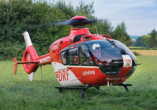 DRF Luftrettung Eurocopter EC135 P2 "Christoph 44" air ambulance helicopter (reg. D-HDRK, s/n 0477) preparing for takeoff in Göttingen, Germany.