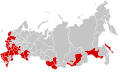 Federal subjects in which the Communist Party won more than the national average (22.39%) in the 1995 legislative election (in red).