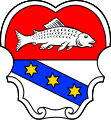 Gemeinde Tutzing Geteilt von Rot und Silber; oben ein linkshin schwimmender silberner Fisch, unten ein mit drei sechsstrahligen goldenen Sternen belegter blauer Schrägbalken.