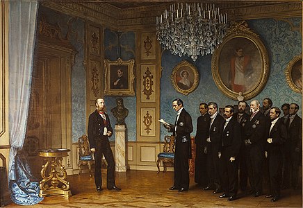 Een Mexicaanse delegatie biedt Maximiliaan de kroon aan (1867), Cesare Dell'Acqua, Kasteel Miramare