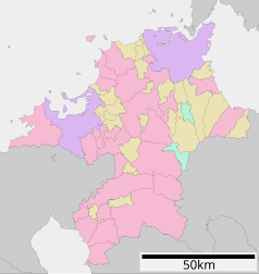 Mapa konturowa prefektury Fukuoka, u góry znajduje się punkt z opisem „Kurate”