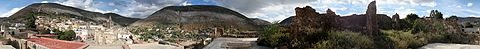 360° panoramic view of Real de Catorce. City, church, mountains, abandoned mines, ruins