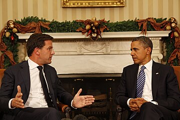 Primeiro-Ministro Rutte se reúne com o presidente dos Estados Unidos, Barack Obama no Salão Oval em 2011.