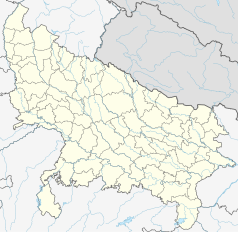 Mapa konturowa Uttar Pradesh, blisko lewej krawiędzi u góry znajduje się punkt z opisem „Meerut”