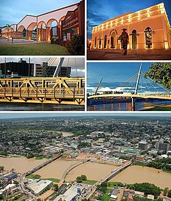 Rio Branco, Tap left:Maternidade Pairk, Tap richt:Mercado Velho (Auld Mercat) theme park, Middle left:JK Brig, Middle richt:A walkway in Passarela Joaquim Macedu theme park, Bottom:Panorama view o Acre River an dountoun Benjamin Constant aurie