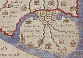 Detalle dun dos mapas recollidos na enciclopedia Liber Floridus de Lambert de Saint-Omer, onde poden verse o nome de Galitia, Hispania, Wascona e Lusitania entre outros. Ano 1125.