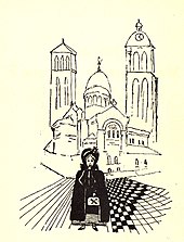 Dessin en noir en blanc d'une femme âge sur fond d'église.