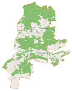 Mapa konturowa gminy Harasiuki, blisko centrum u góry znajduje się punkt z opisem „Huta Krzeszowska”