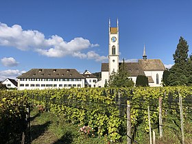 Reformierte Kirche Küsnacht, links das Hauptgebäude der Kantonsschule