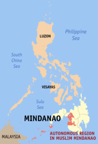 Mapa kan Filipinas na ipinapahiling an lokasyon kan Awtonomong Rehiyon sa Muslim Mindanao