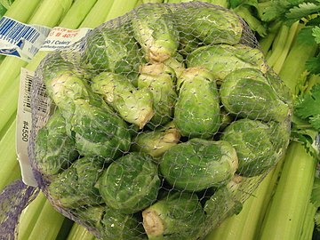 Brussels sprouts removed from the stalk and placed in a net type bag