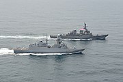 Italian frigate Alpino underway with USS Gonzalez in the Atlantic Ocean on 17 May 2018