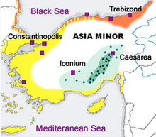 A map showing Pontic Greek dialects in Northern Turkey, Demotic Greek dialects in the west, and Cappadocian Greek dialects in the south.