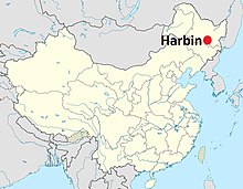 Staðsetning Harbin borgar í Heilongjiang héraði í Kína.