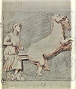 Drawing of a man fighting a centaur.