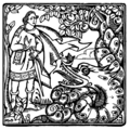 Image 34Engraving of a fairy tale scene, featuring Prince Charming (Făt-Frumos) and a dragon (zmeu). (from Culture of Romania)