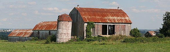 A short silo in the centre of the photograph is slanted slightly to the right, topped by a conical red roof. Three barns form a V shape behind the silo. To its right is a large barn, with slanted red roof and open doors. Perpendicular to it are two similar but smaller barns in series, visible to the left of the silo.