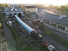 Foto aus der Luft; Südosten zu sehen die Dampflokhalle, das Wasserhaus und das Rundhaus