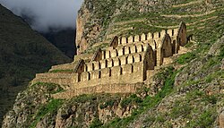 Ruins of granaries on the hillside over Ollantaytambo.