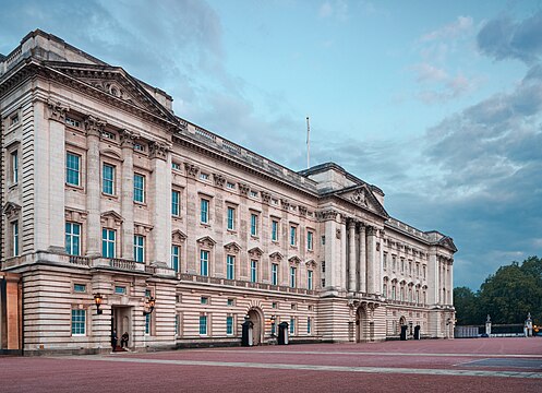 Buckingham Palace seen from the southeast, in early morning light.